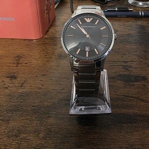 Emporio Armani Black Dial Silver Band Watch
